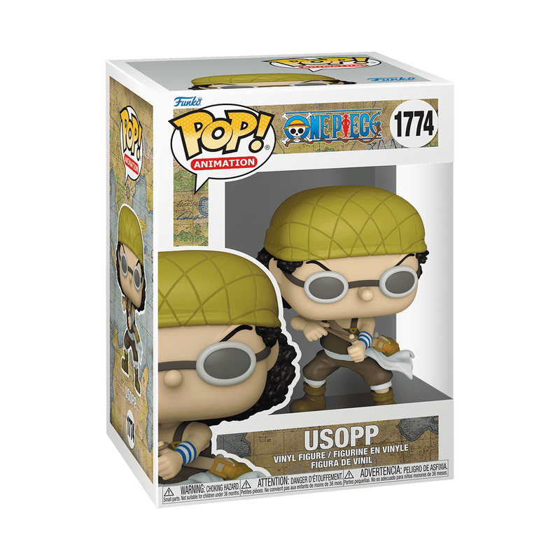 Funko Pop! figure of Usopp from One Piece, featuring him with a rubber band, in a collectible box.