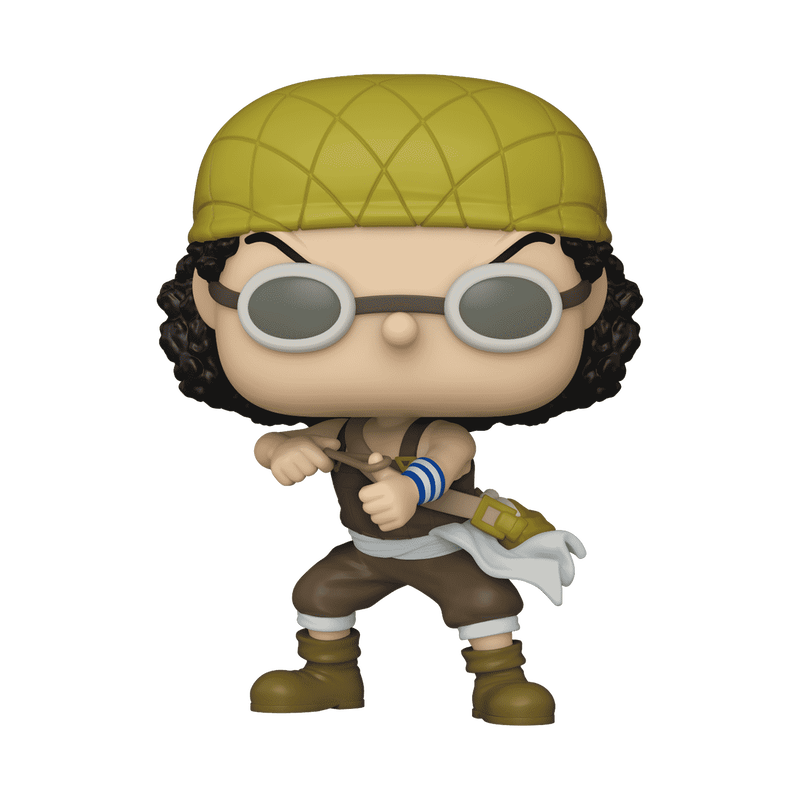 Funko Pop! figure of Usopp with a rubber band, featuring his signature hat, glasses, and a determined pose.