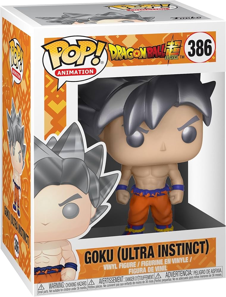 Funko Pop! figure of Goku in Ultra Instinct form from Dragon Ball Super, featuring spiky gray hair and orange pants.