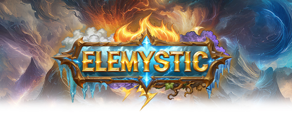 Logo of Elemystic, featuring vibrant elemental symbols and a mystical background, designed for a new gaming experience.