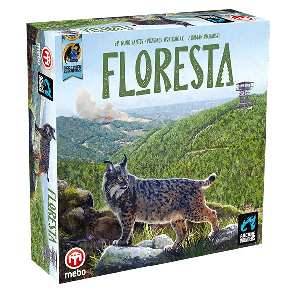 Floresta board game box featuring a lynx in a forested landscape with a lookout tower in the background.