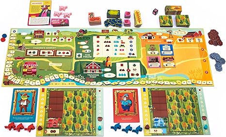 Colorful board game setup of Harvest, featuring a farm-themed game board, player boards, tokens, and cards.