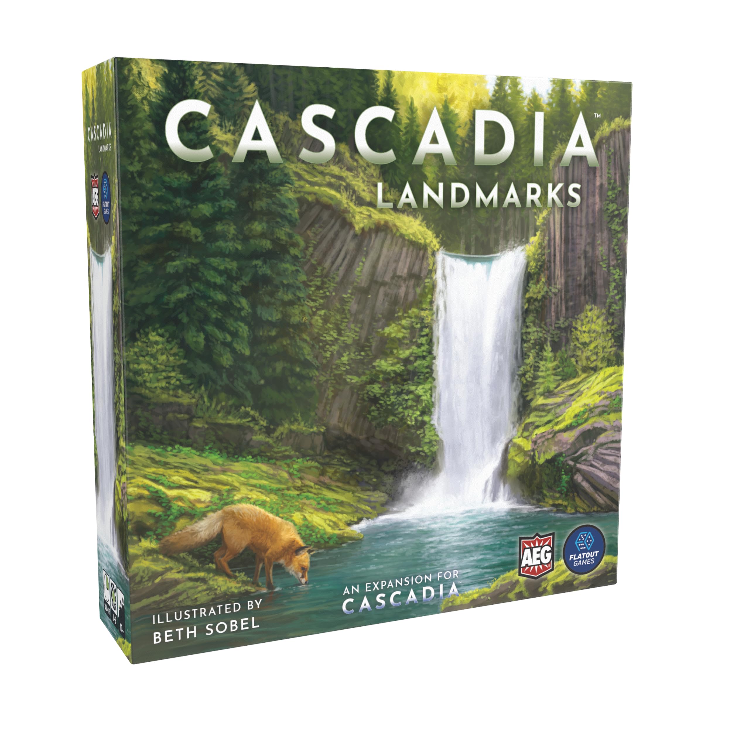 Cascadia: Landmarks Expansion board game box featuring a waterfall and a fox in a lush forest setting.