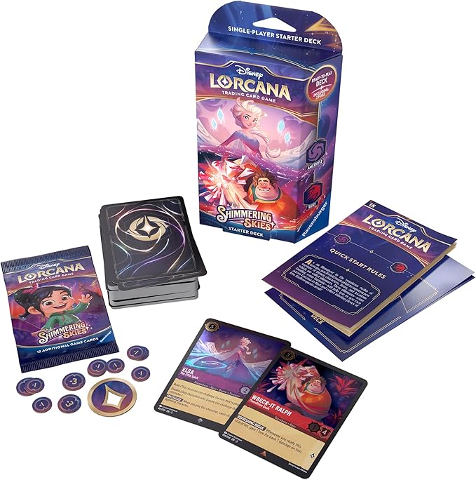 Disney Lorcana Shimmering Skies starter deck featuring Amethyst and Ruby, including cards, tokens, and rule booklet.