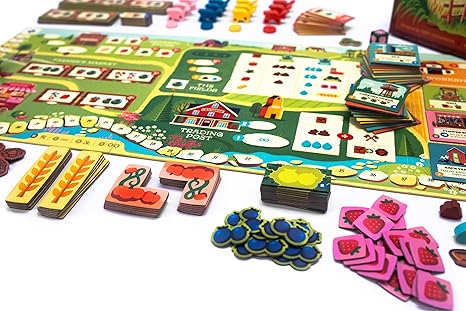 Colorful board game "Harvest" featuring a vibrant game board, tokens, and cards for farming strategy gameplay.