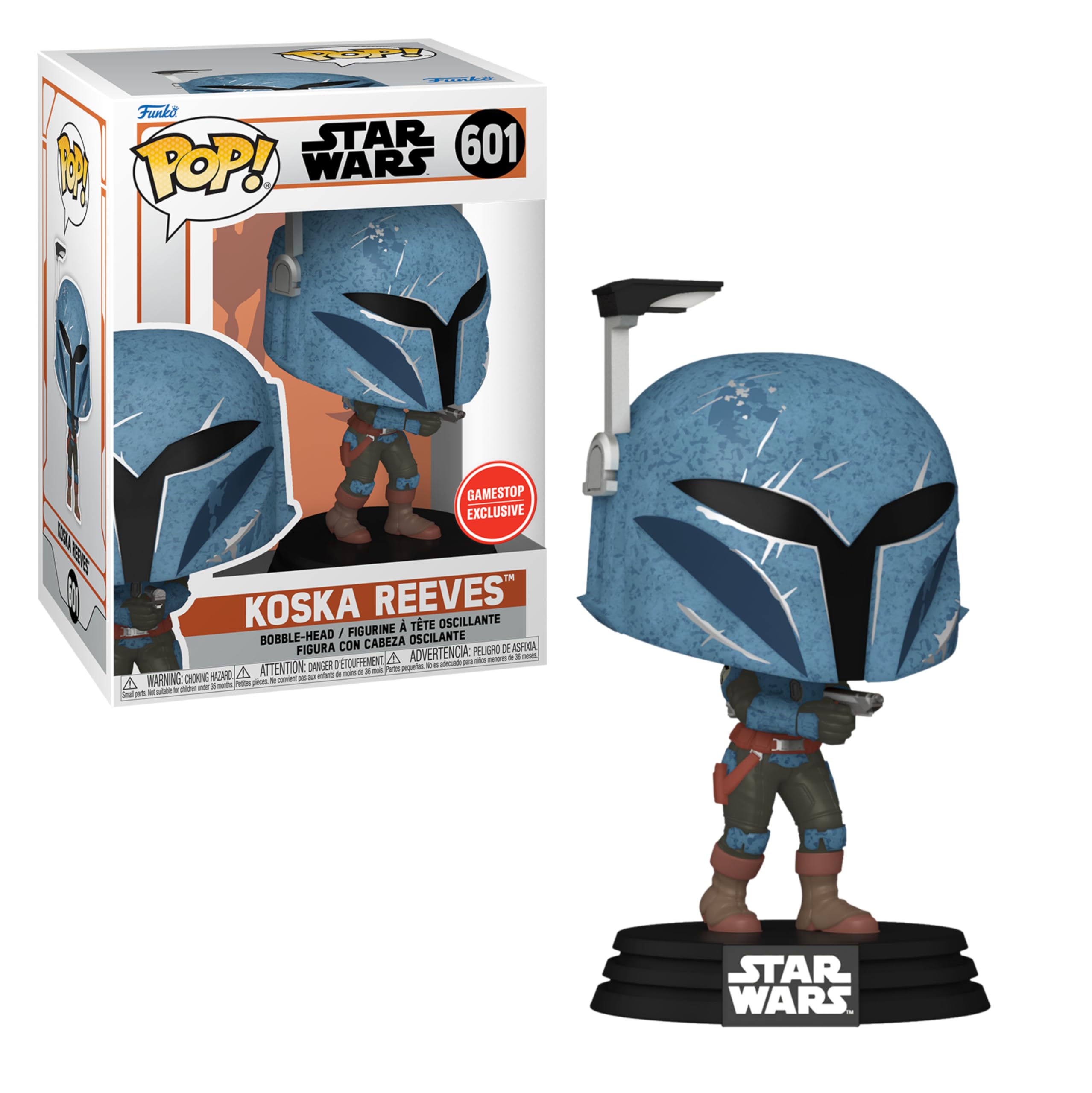 Funko Pop! figure of Koska Reeves from Star Wars, featuring a blue helmet and blaster, with a themed box.