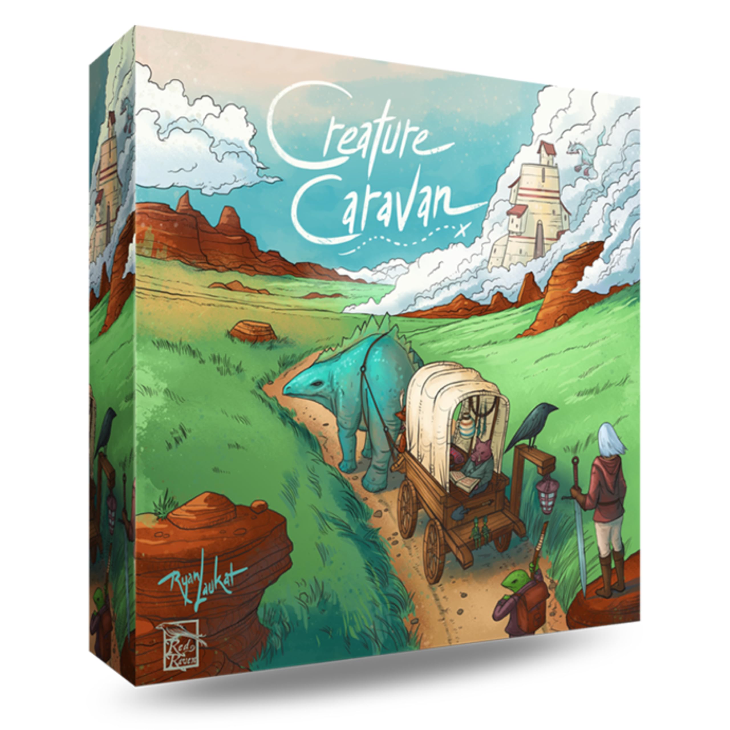 Colorful board game box for Creature Caravan featuring a whimsical landscape with a creature pulling a wagon and characters.