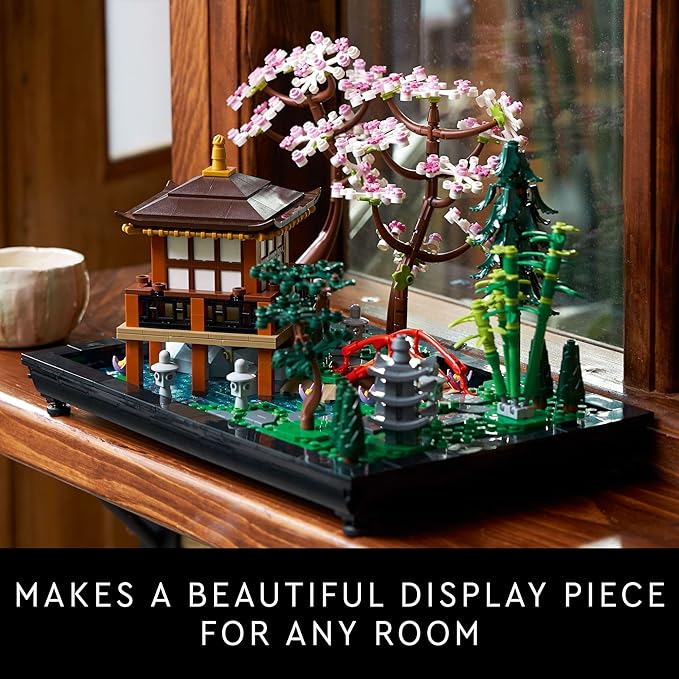 LEGO Icons Tranquil Garden set featuring a detailed Japanese garden with a pagoda, cherry blossom tree, and stone lanterns.