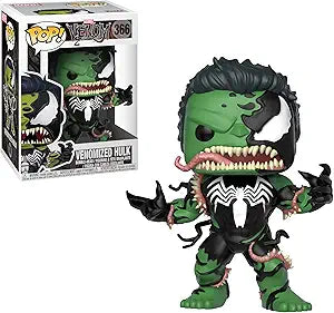 Funko POP! Venomized Hulk figure, featuring a green and black design with sharp teeth and a menacing expression, beside its box.