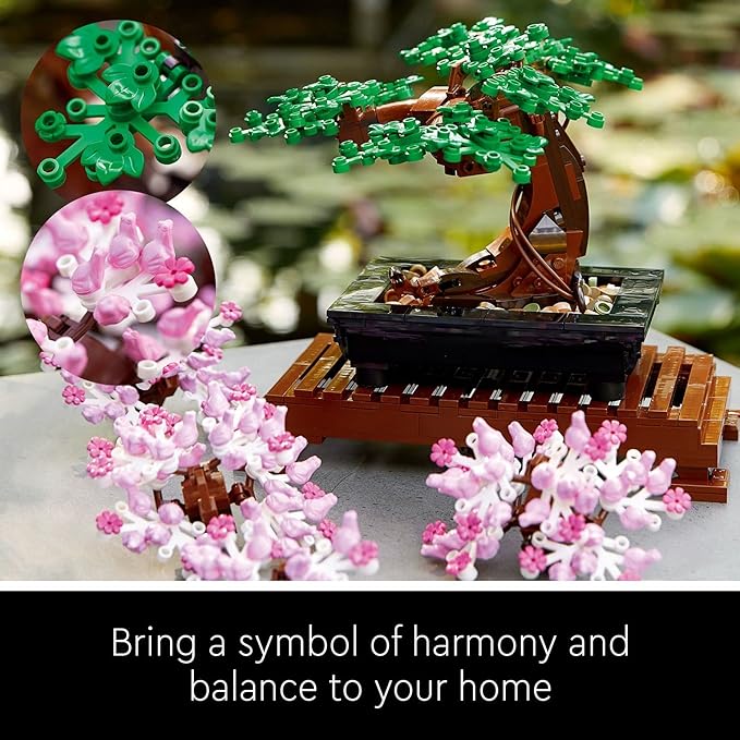 LEGO Botanicals Bonsai Tree set featuring a detailed tree design with pink and green flowers in a decorative pot.