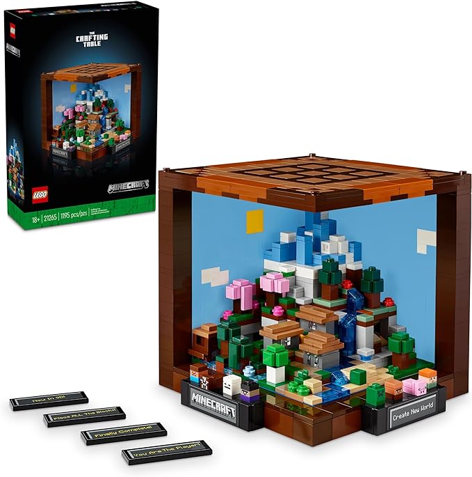 LEGO Minecraft The Crafting Table set 21265 features a detailed buildable scene with colorful blocks and accessories.
