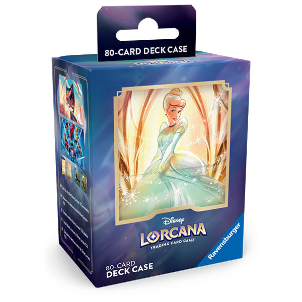 Disney Lorcana TCG Cinderella deck box featuring a vibrant illustration of Cinderella in a sparkling gown, designed for 80 cards.