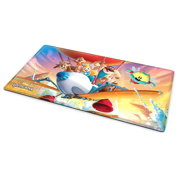 Colorful Disney Lorcana TCG playmat featuring the Rescue Rangers in an adventurous scene with a plane and vibrant background.