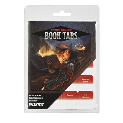 Dungeons & Dragons book tabs for Tasha's Cauldron of Everything featuring artwork of a spellcaster and labeled sections.