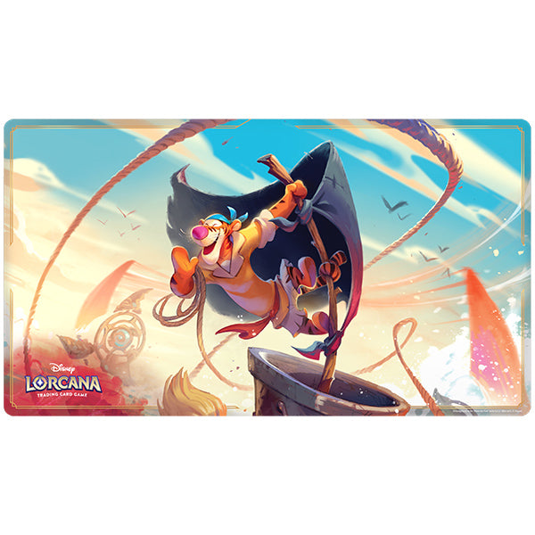 Colorful playmat featuring Tigger from Disney Lorcana, joyfully leaping with a vibrant background of Archazia's Island.