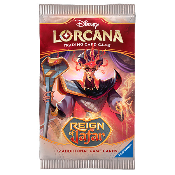 Disney Lorcana TCG Reign of Jafar booster box featuring Jafar on the packaging, containing 24 booster packs with 12 cards each.