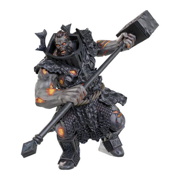 Detailed miniature of a Firegaunt from Dungeons & Dragons, featuring fiery accents and a large weapon, ideal for tabletop gaming.