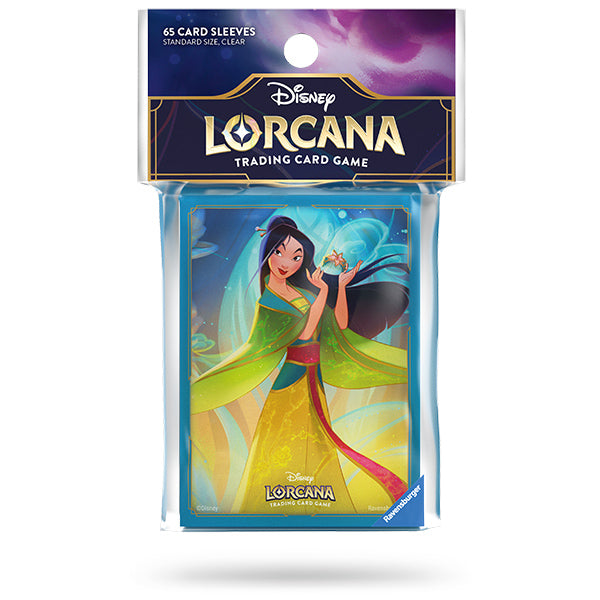 Disney Lorcana Mulan card sleeves pack featuring vibrant artwork of Mulan in a colorful dress, 65 count, standard size.