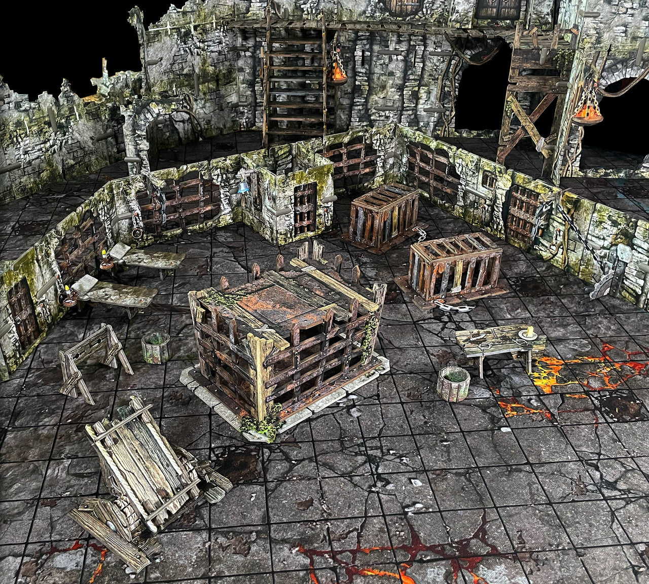 Detailed view of the Fantasy Dungeon: Dungeon Bastille, featuring stone walls, wooden crates, and dungeon furniture.