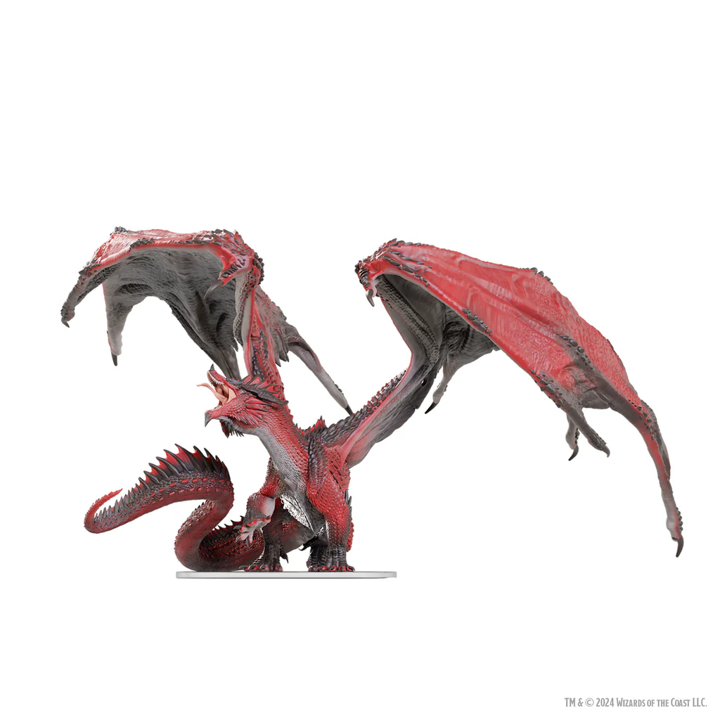 Detailed miniature of an Adult Red Dragon Tyrant from D&D Icons of the Realms, showcasing vibrant red scales and large wings.