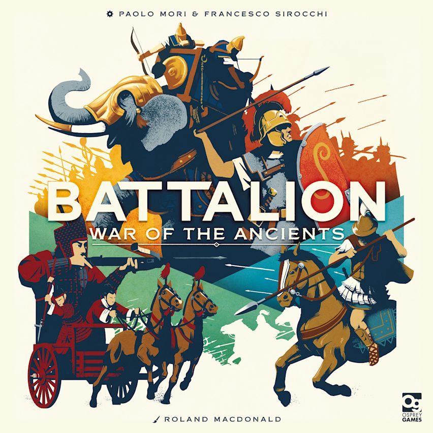 Colorful cover art of "Battalion: War of the Ancients," featuring ancient warriors, chariots, and an elephant in battle.