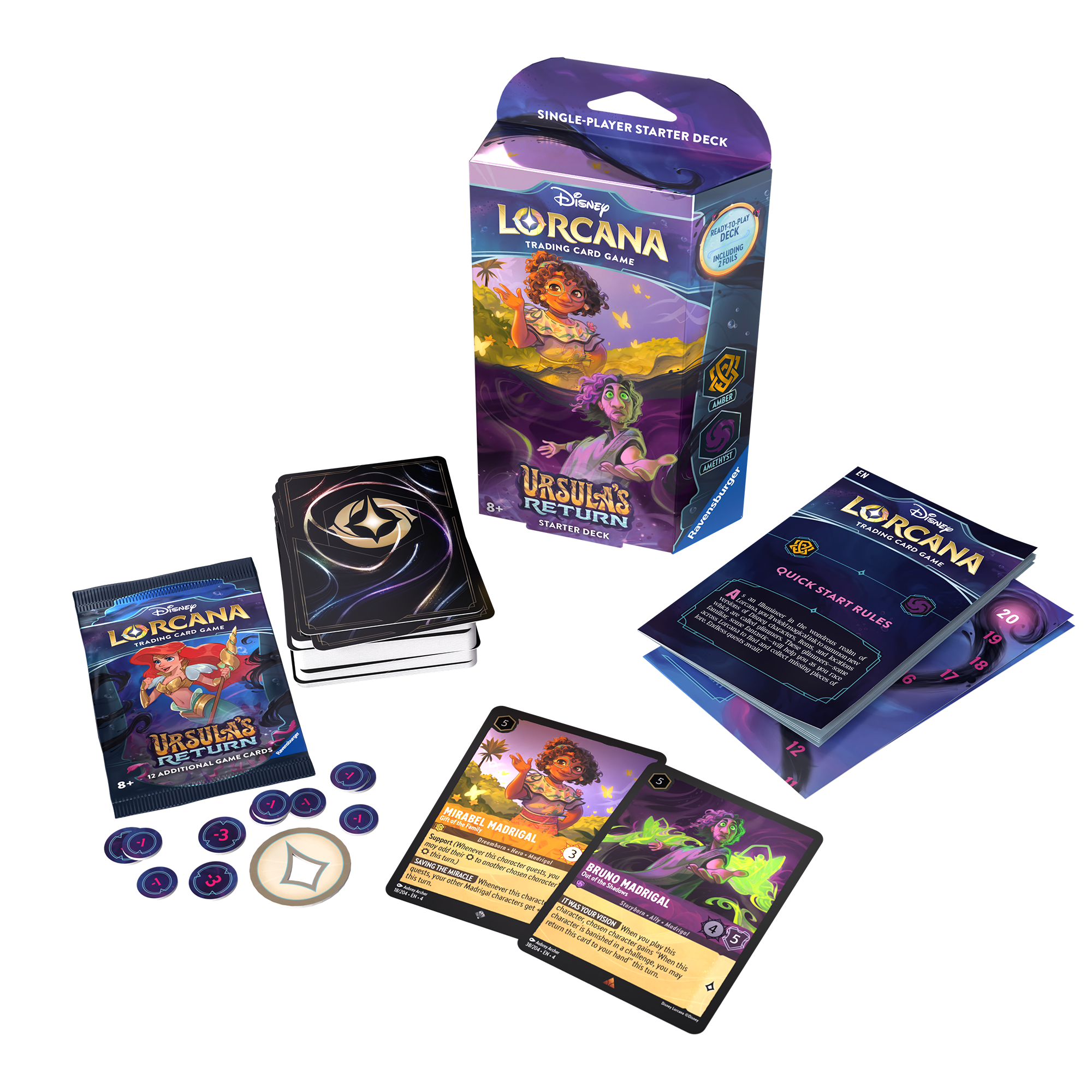Disney Lorcana TCG Ursula's Return starter deck set of 2, featuring cards, tokens, and a guide for gameplay.