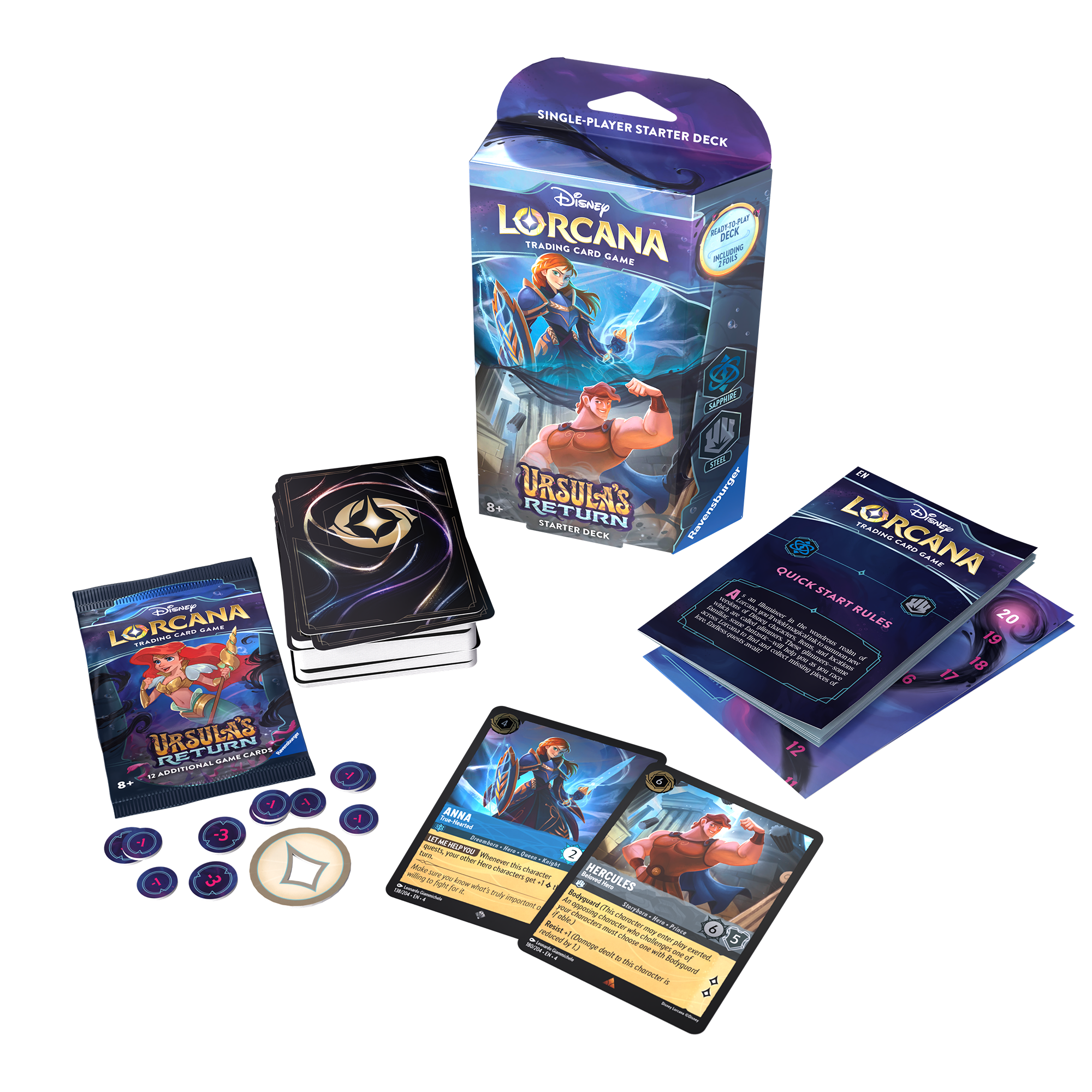Disney Lorcana TCG Ursula's Return Starter Deck set of 2, featuring cards, tokens, and a guide for gameplay.