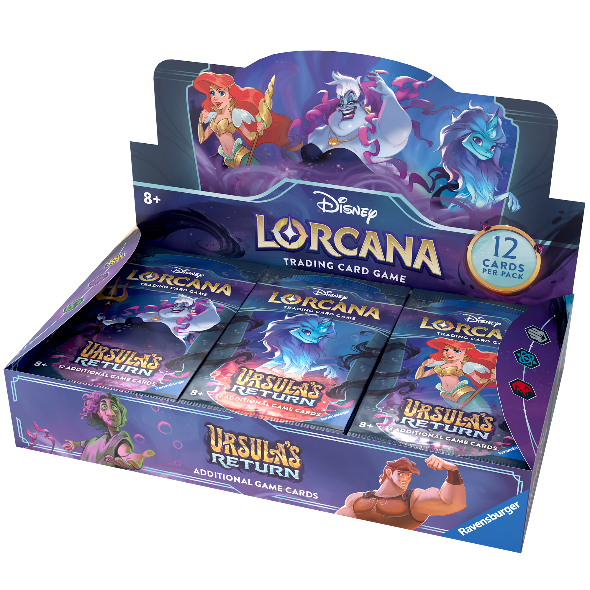 Disney Lorcana TCG Ursula's Return booster box featuring 24 packs, each with 12 collectible cards, showcasing iconic characters.