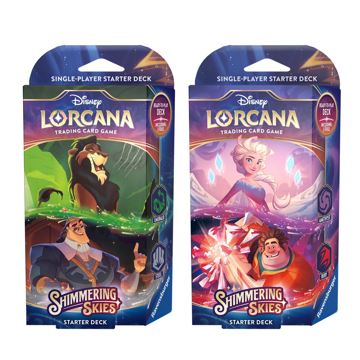 Disney Lorcana TCG Shimmering Skies starter deck set featuring characters from Disney films, designed for single-player gameplay.