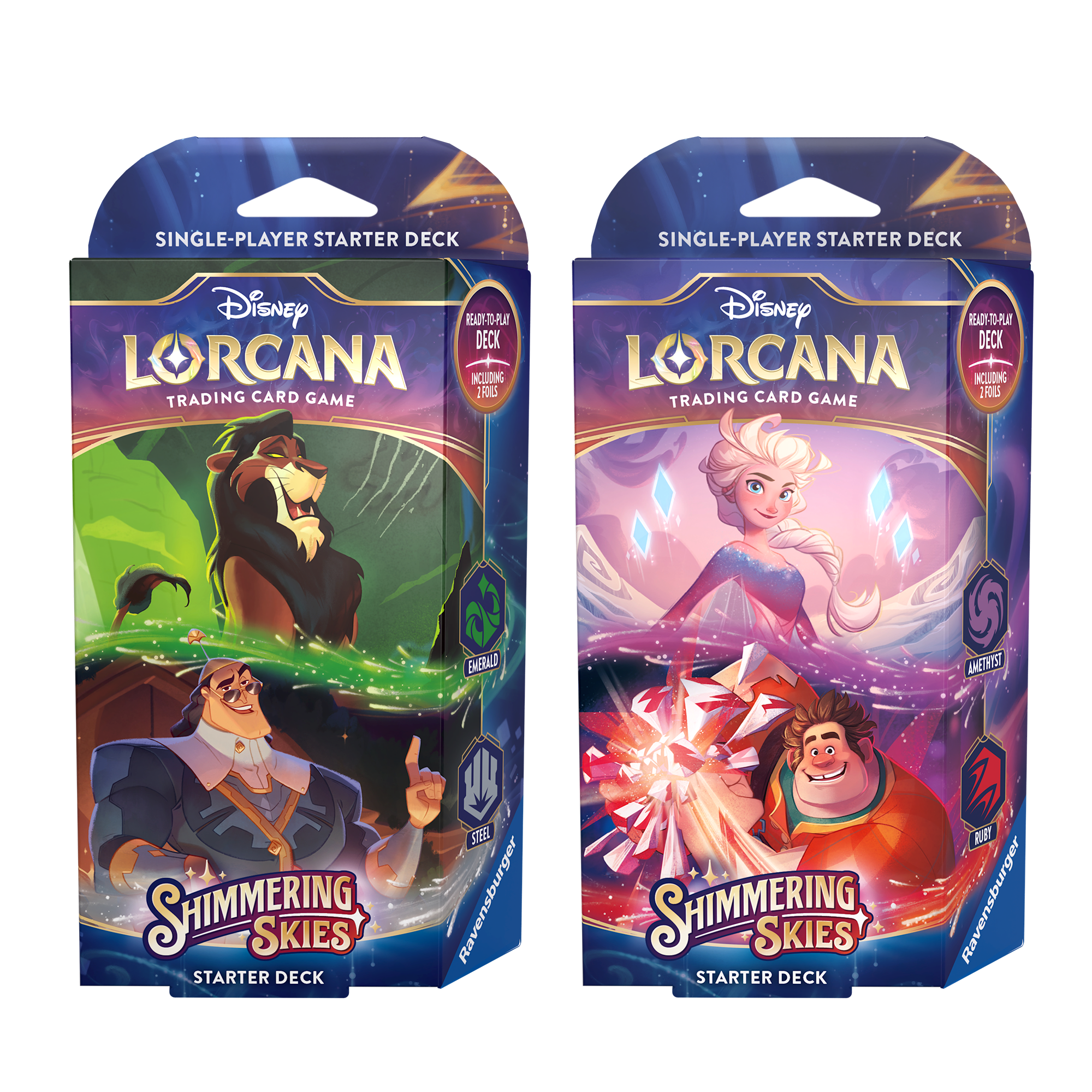 Disney Lorcana TCG Shimmering Skies starter deck set featuring characters from Disney films, designed for single-player gameplay.