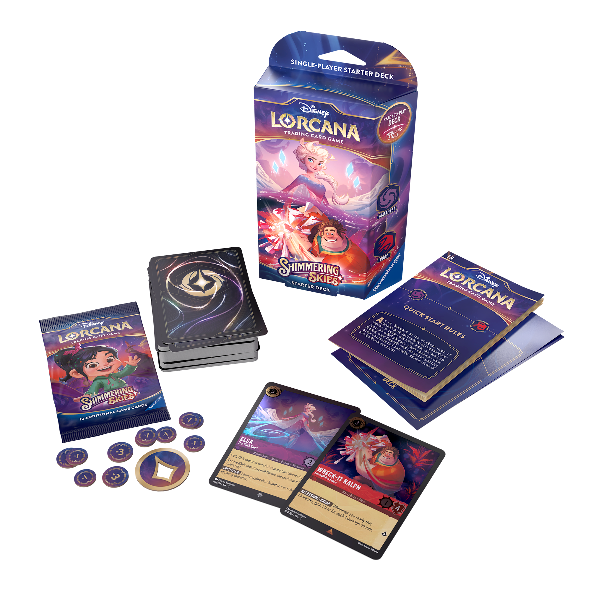 Disney Lorcana TCG Shimmering Skies starter deck set of 2, featuring cards, tokens, and a guide for single-player gameplay.