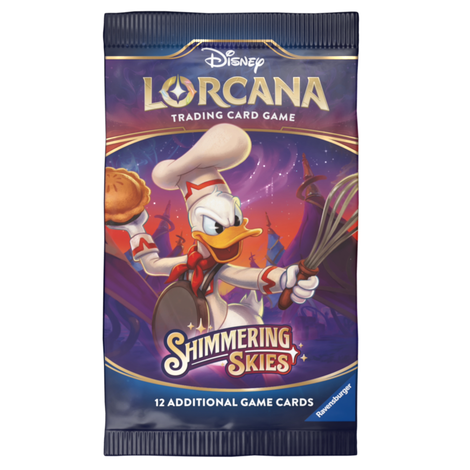 Disney Lorcana TCG Shimmering Skies booster box featuring Donald Duck on the packaging, includes 24 booster packs.