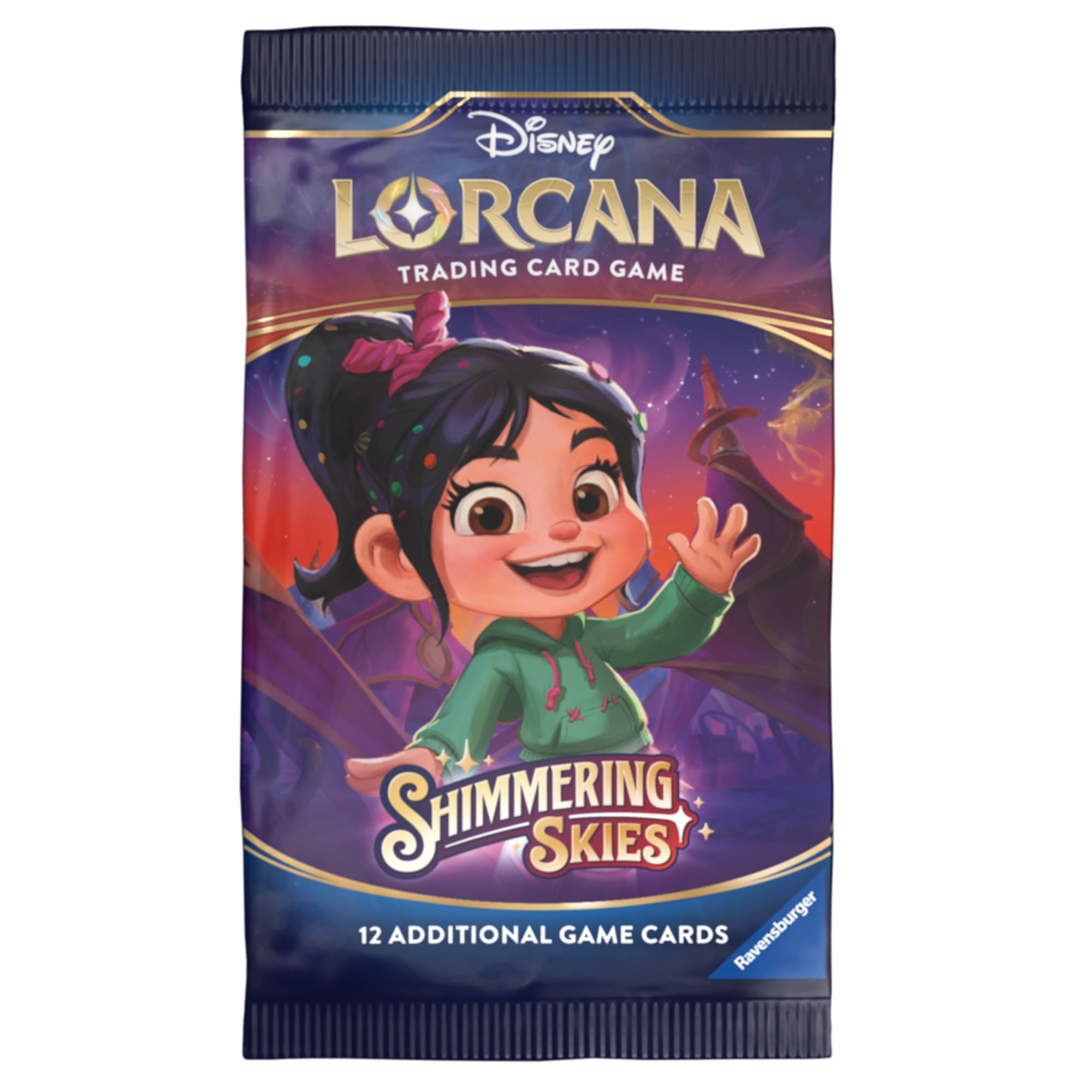 Disney Lorcana TCG Shimmering Skies booster box featuring vibrant artwork and a character smiling, containing 24 booster packs.