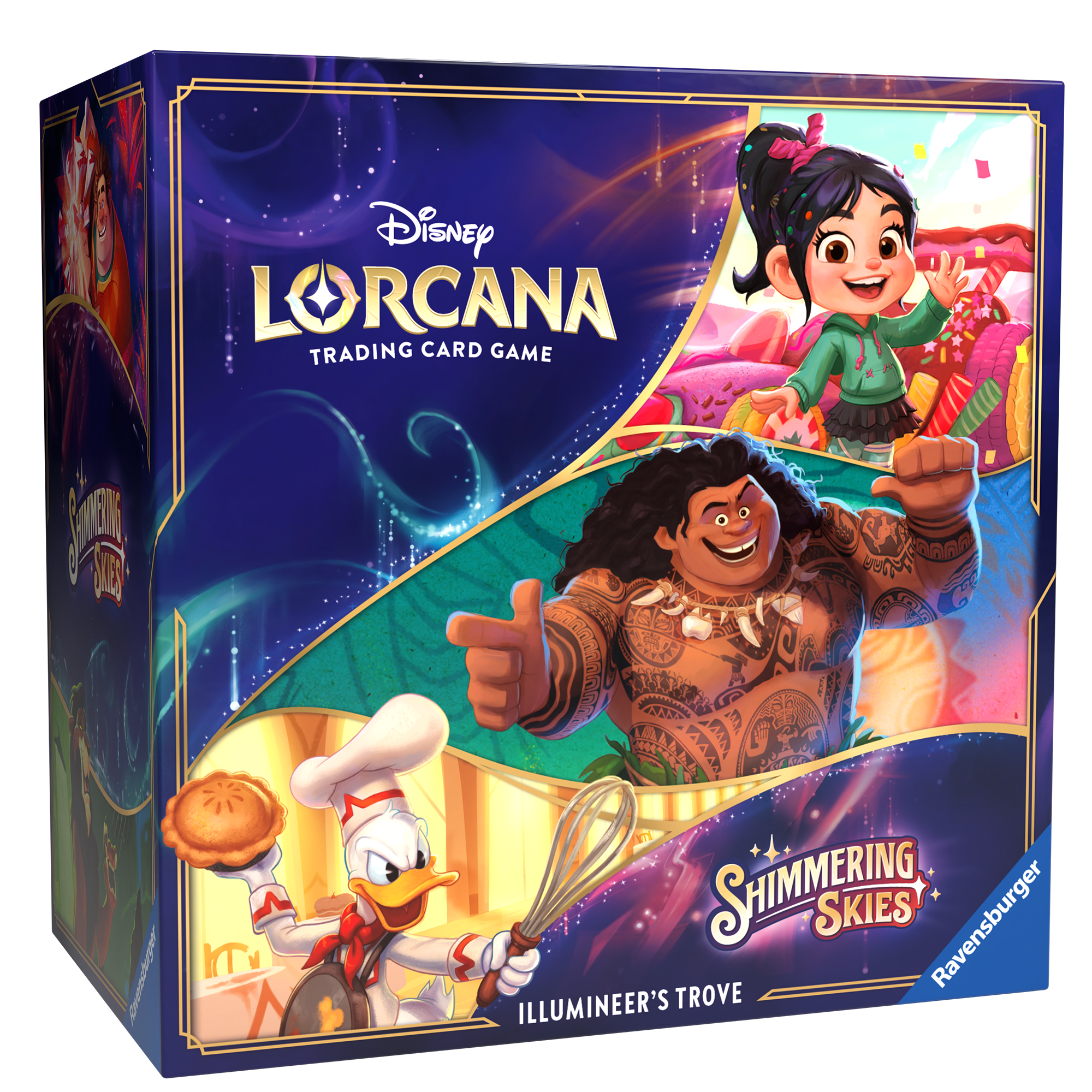Disney Lorcana TCG Shimmering Skies Illumineer's Trove box featuring characters like Moana, Vanellope, and Donald Duck.
