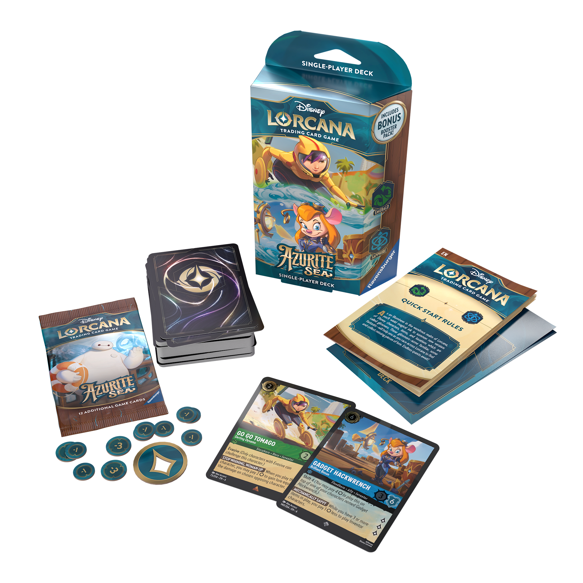 Disney Lorcana TCG Azurite Sea starter deck set of 2, featuring cards, tokens, and a rulebook for gameplay.