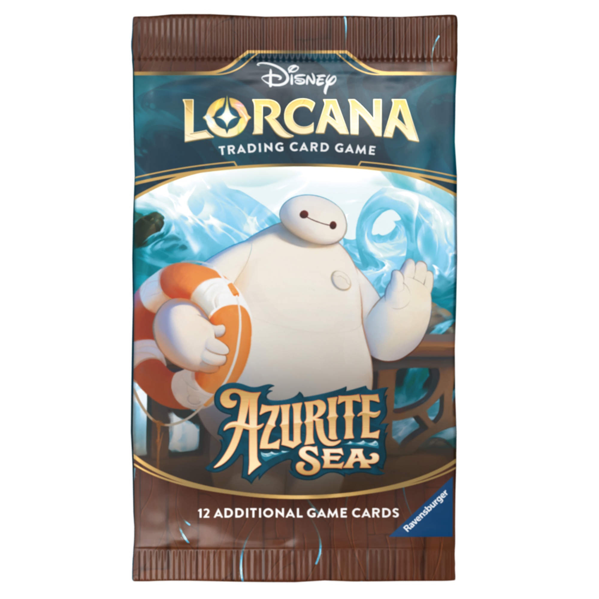 Disney Lorcana TCG Azurite Sea booster box featuring a character holding a lifebuoy, containing 24 packs of game cards.