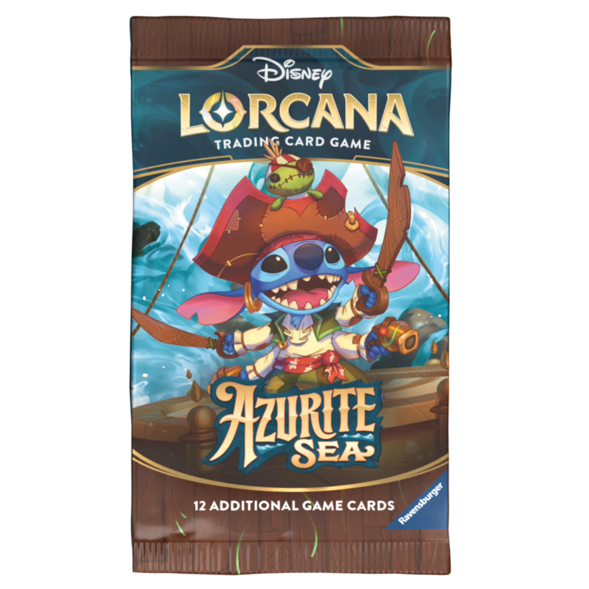 Disney Lorcana TCG Azurite Sea booster box featuring vibrant artwork and 24 packs, each containing 12 game cards.