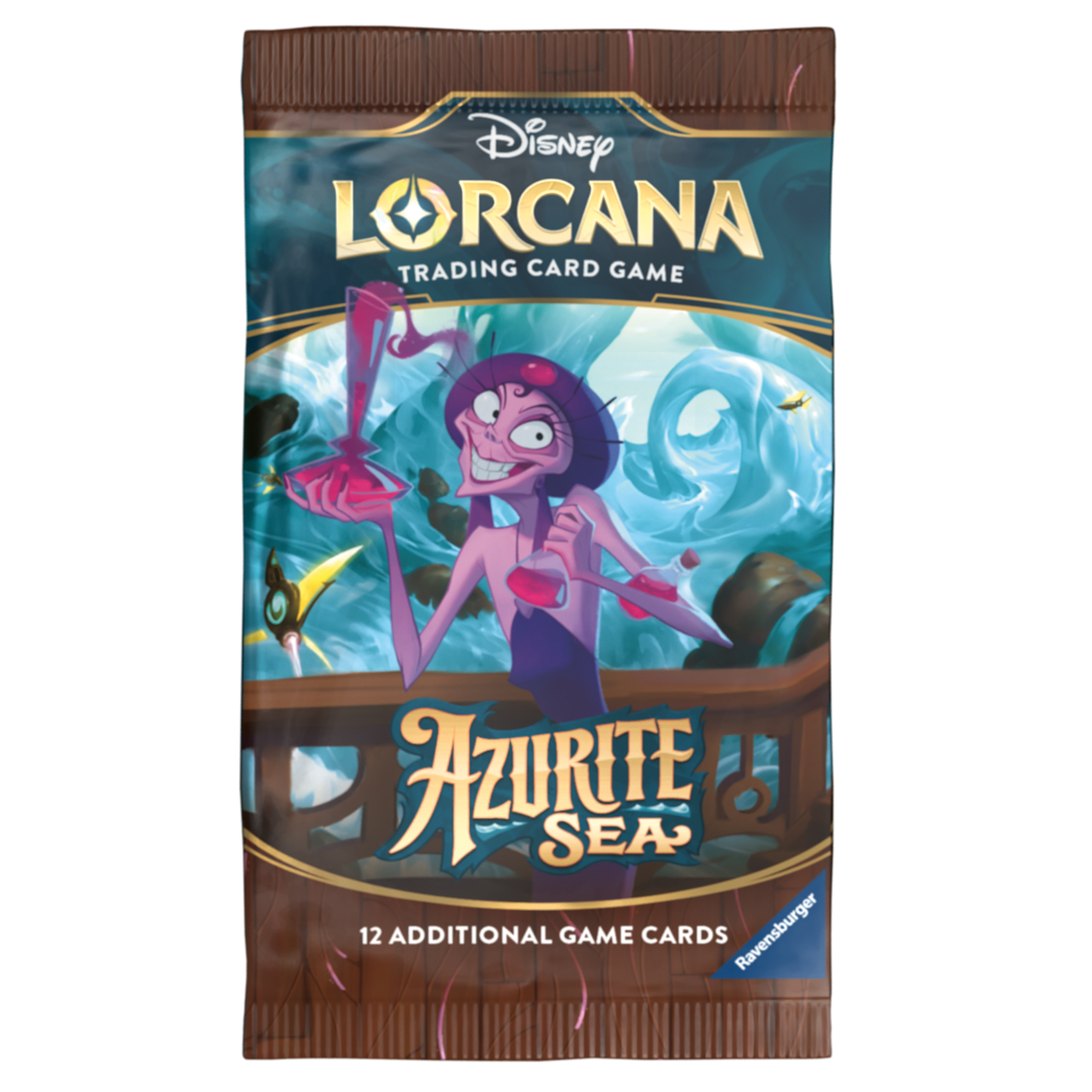 Disney Lorcana TCG Azurite Sea booster box featuring a character holding drinks, designed for trading card enthusiasts.