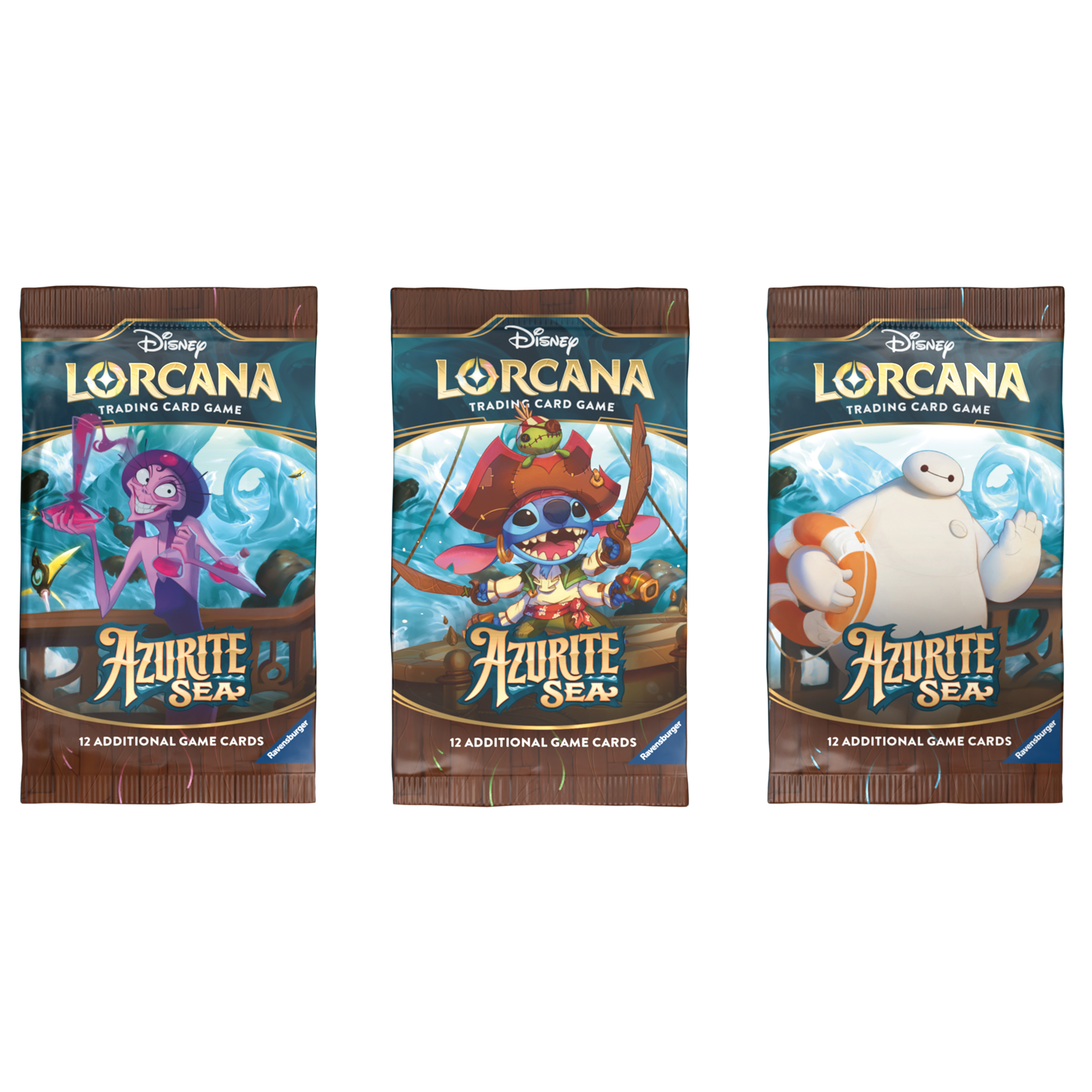 Disney Lorcana TCG Azurite Sea booster box featuring three different card pack designs, each containing 12 game cards.