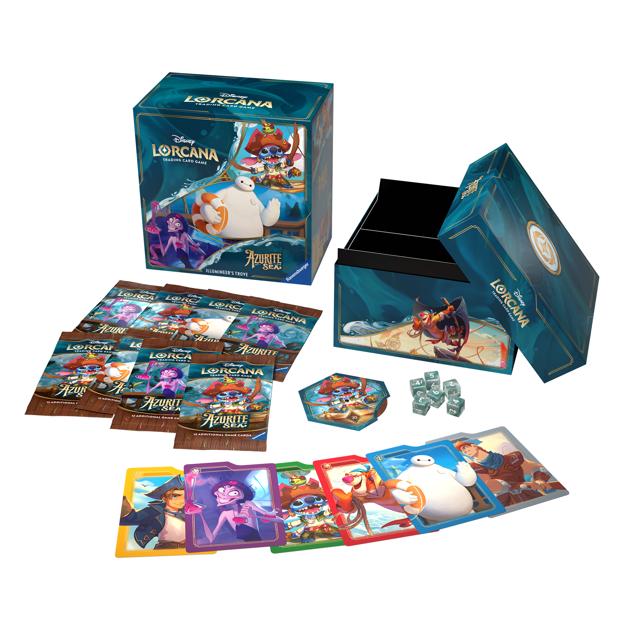 Disney Lorcana TCG Azurite Sea Illumineer's Trove featuring cards, tokens, and a decorative box for gameplay.