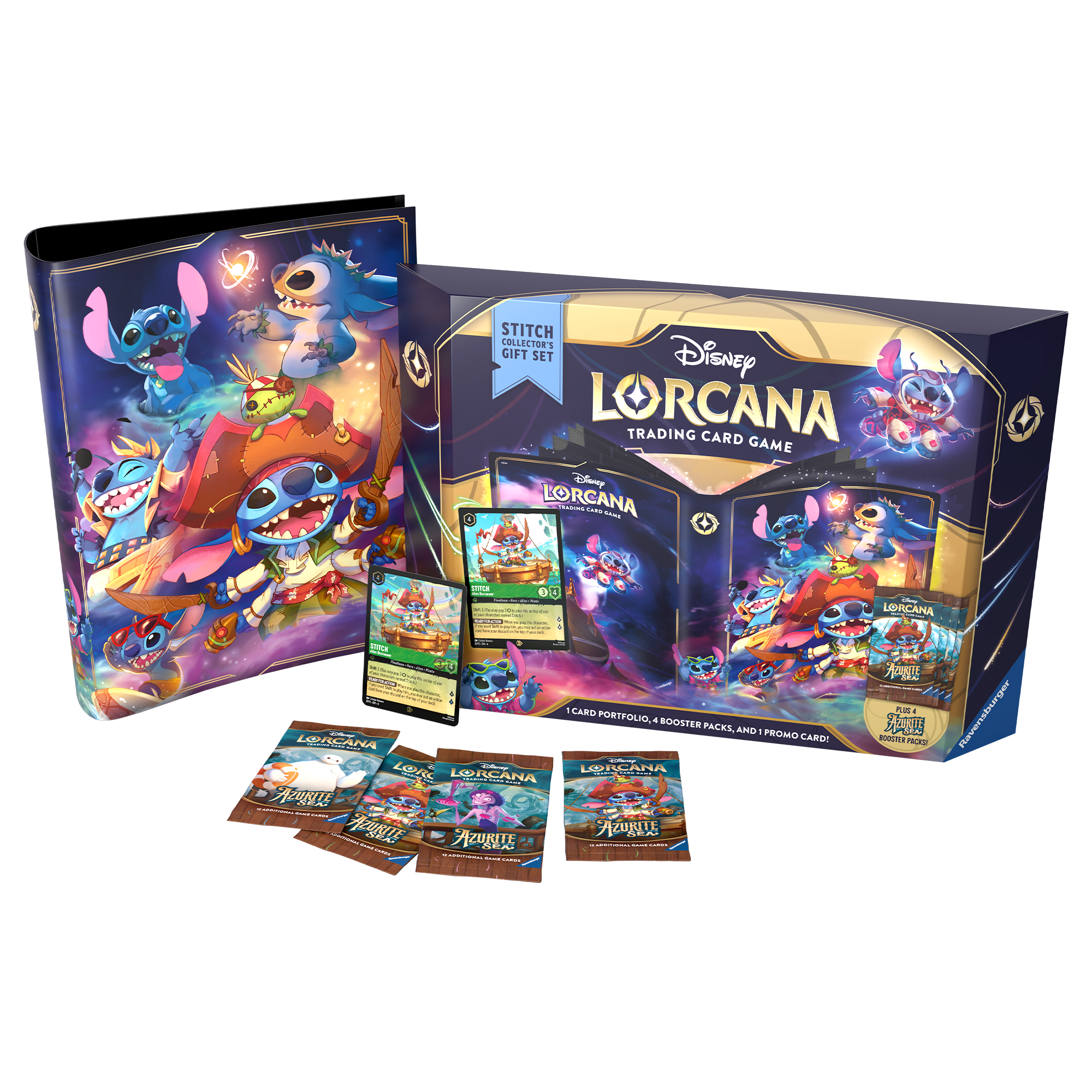 Disney Lorcana TCG Azurite Sea Stitch Gift Set featuring card portfolios, booster packs, and a promo card with vibrant Stitch artwork.