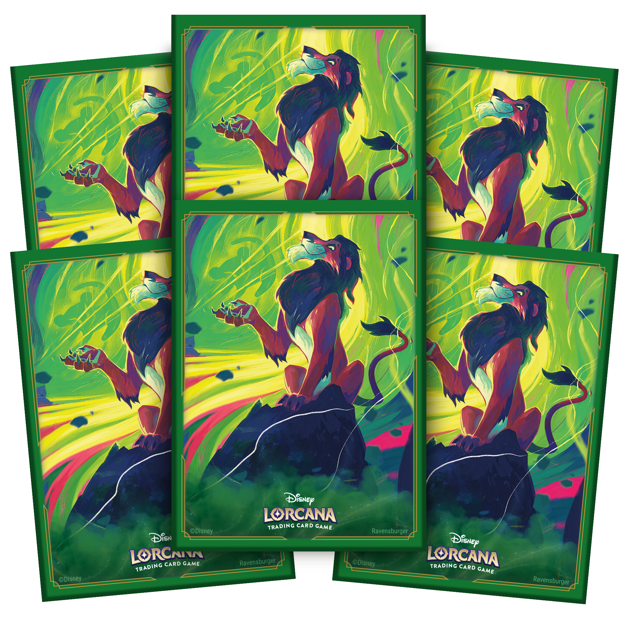 Matte card sleeves featuring Scar from Disney Lorcana, showcasing vibrant colors and dynamic artwork. Ideal for card protection.