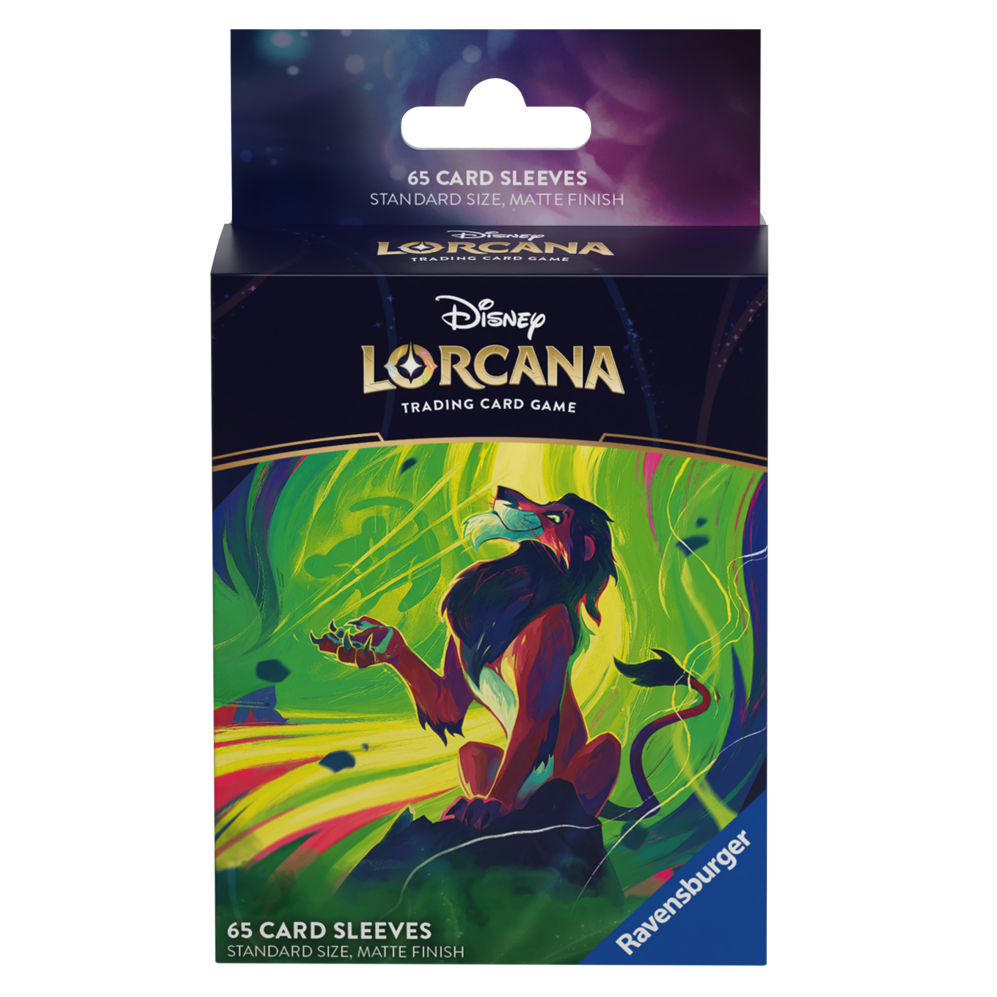 Disney Lorcana TCG Azurite Sea Scar matte card sleeves pack featuring vibrant artwork of Scar from The Lion King.