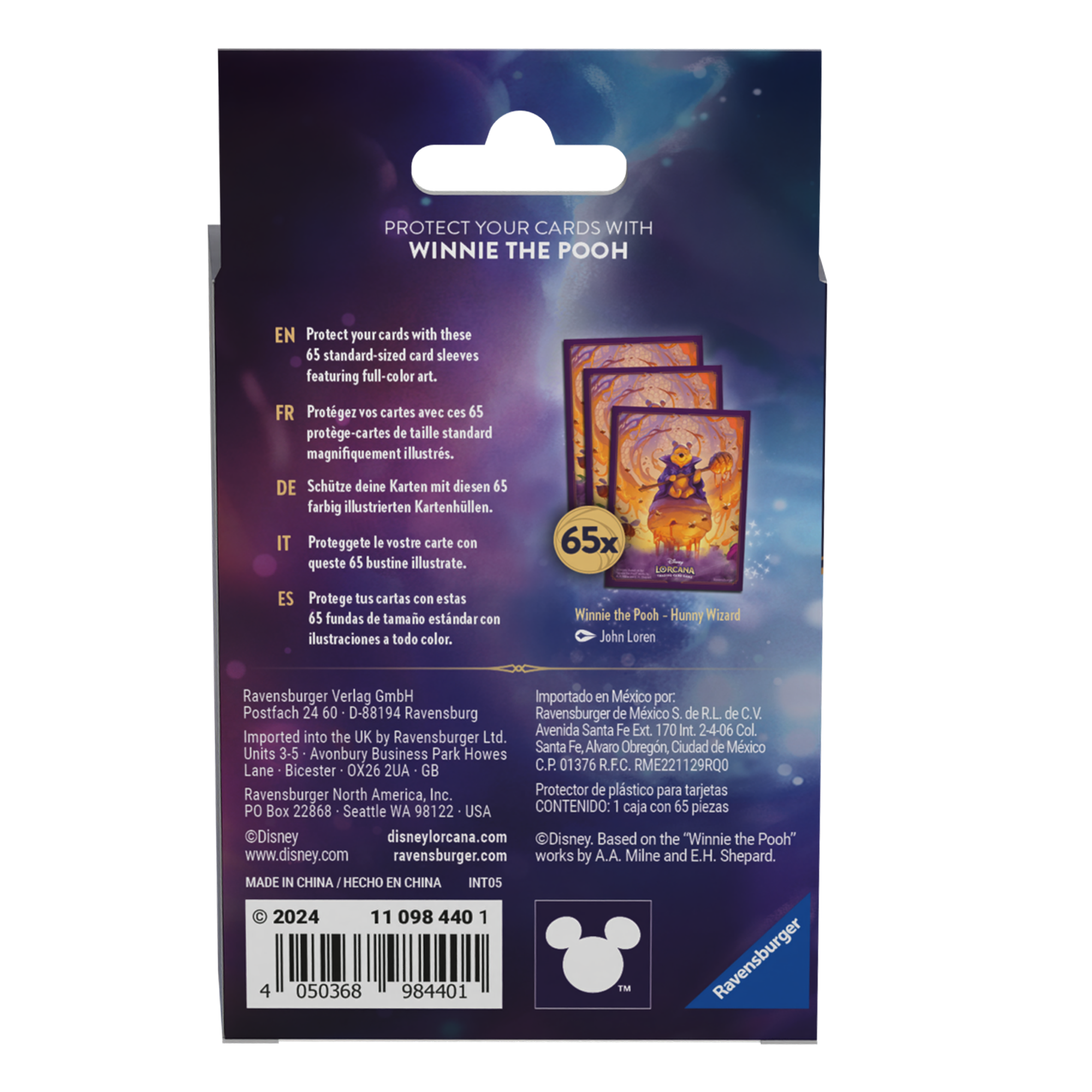 Matte card sleeves featuring Winnie the Pooh design, ideal for protecting Disney Lorcana trading cards. Pack contains 65 sleeves.