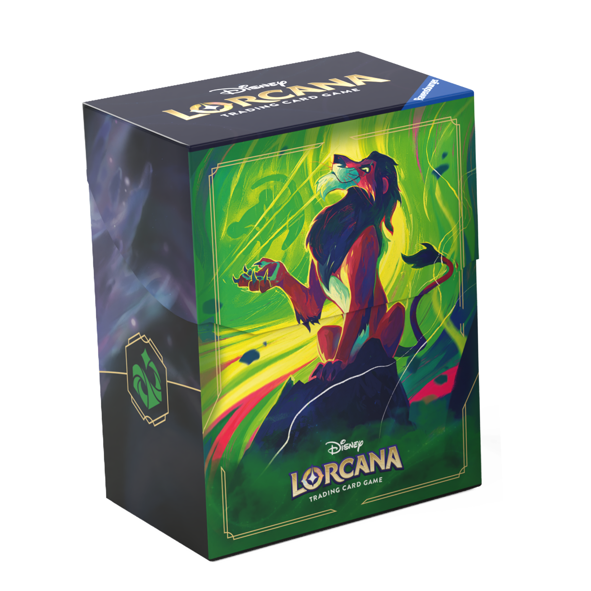 Deck box for Disney Lorcana TCG featuring Scar from The Lion King, adorned with vibrant green and gold artwork.