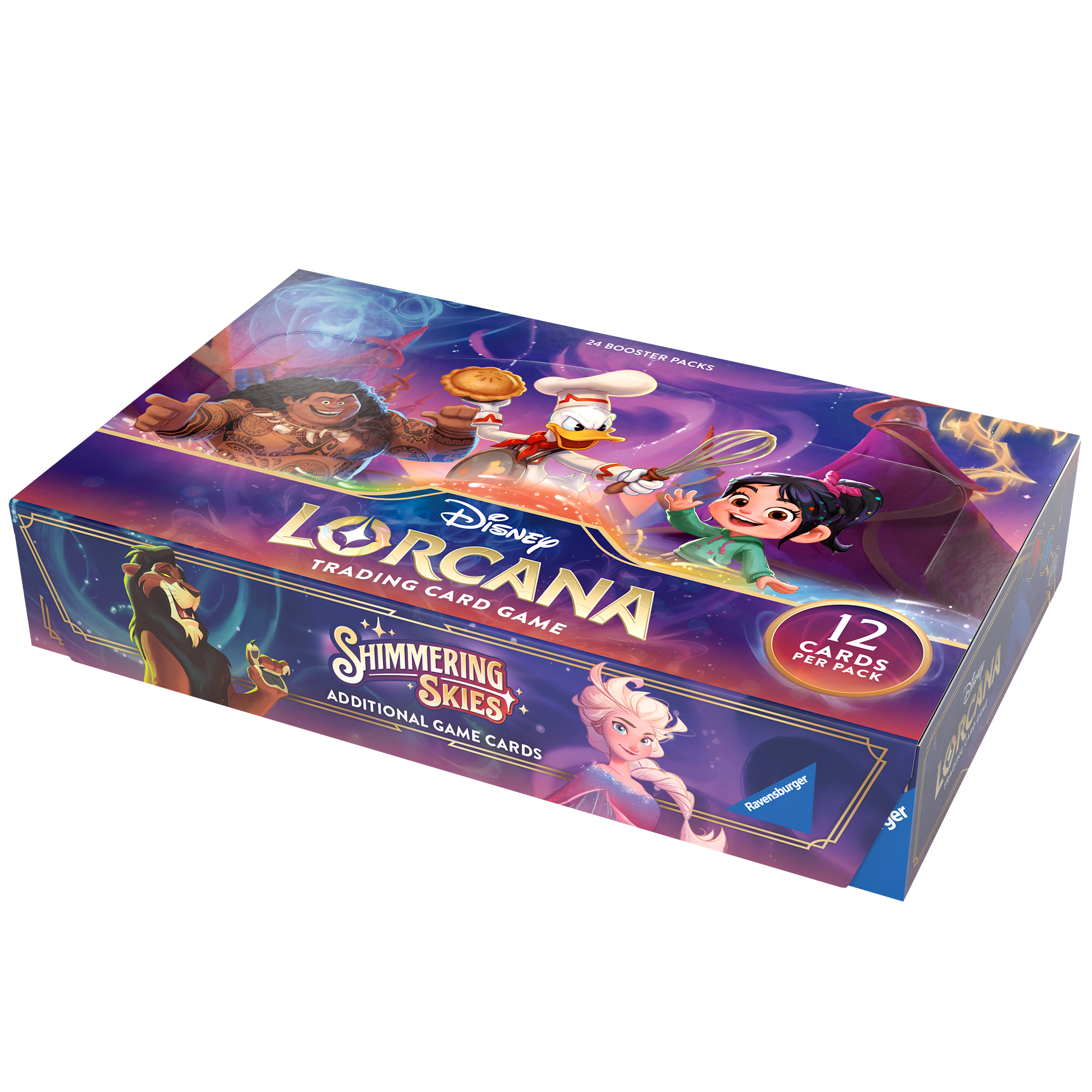 Disney Lorcana TCG Shimmering Skies booster box featuring 24 packs, showcasing colorful artwork of Disney characters.