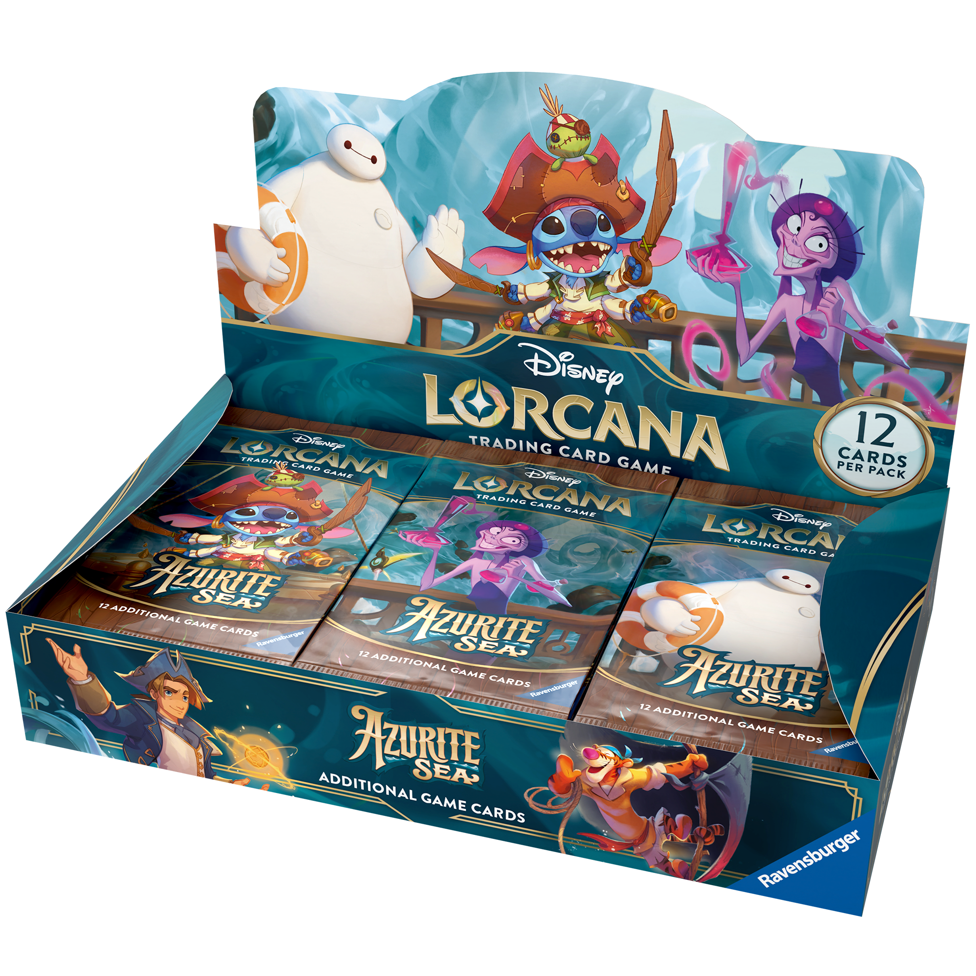 Disney Lorcana TCG Azurite Sea booster box featuring 24 packs, each containing 12 collectible game cards and vibrant character art.