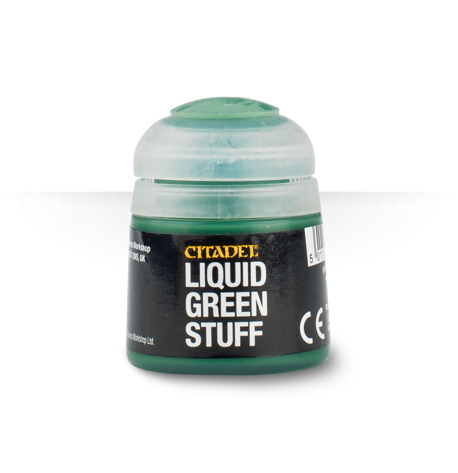 Citadel Liquid Green Stuff bottle featuring a green lid and black label, ideal for model repairs and detailing.