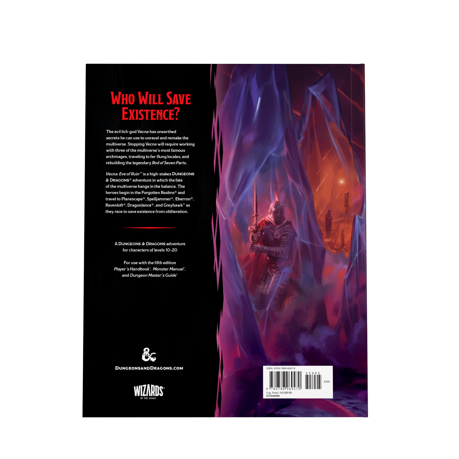 Dungeons & Dragons 5E RPG Vecna - Eve of Ruin back cover featuring a dark, icy cave and a mysterious figure holding a staff.