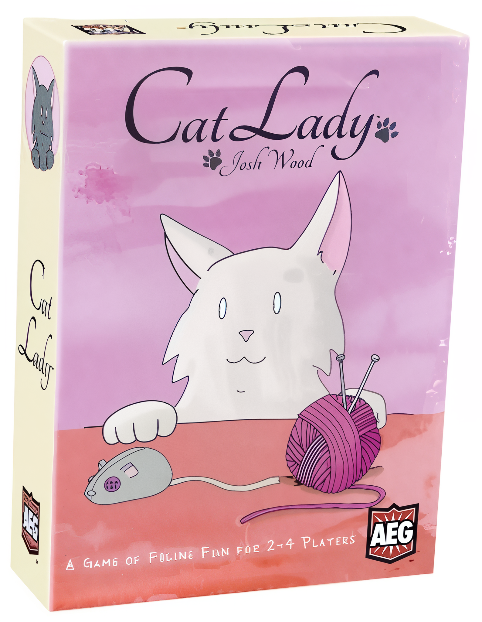 Colorful game box for "Cat Lady" featuring a cartoon cat with a ball of yarn and a mouse, designed for 2-4 players.